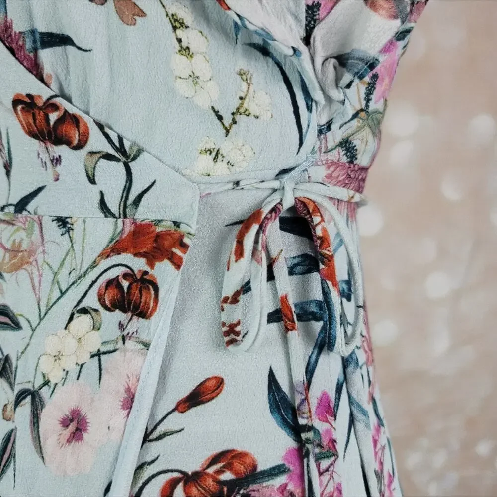 WILLOW & CLAY Blue Granny Floral Print Wrap Midi Dress Ruffle Sleeve Boho Chic